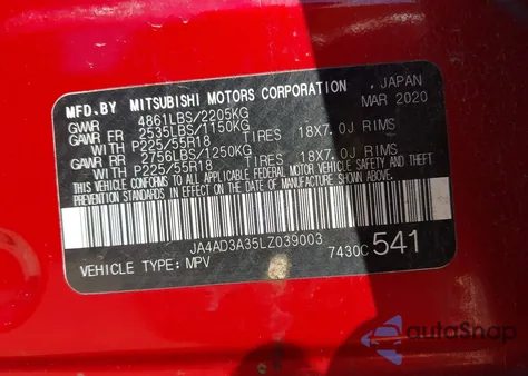 2020 Mitsubishi Outlander Le 2.4 from USA, damaged, VIN JA4AD3A35LZ039003